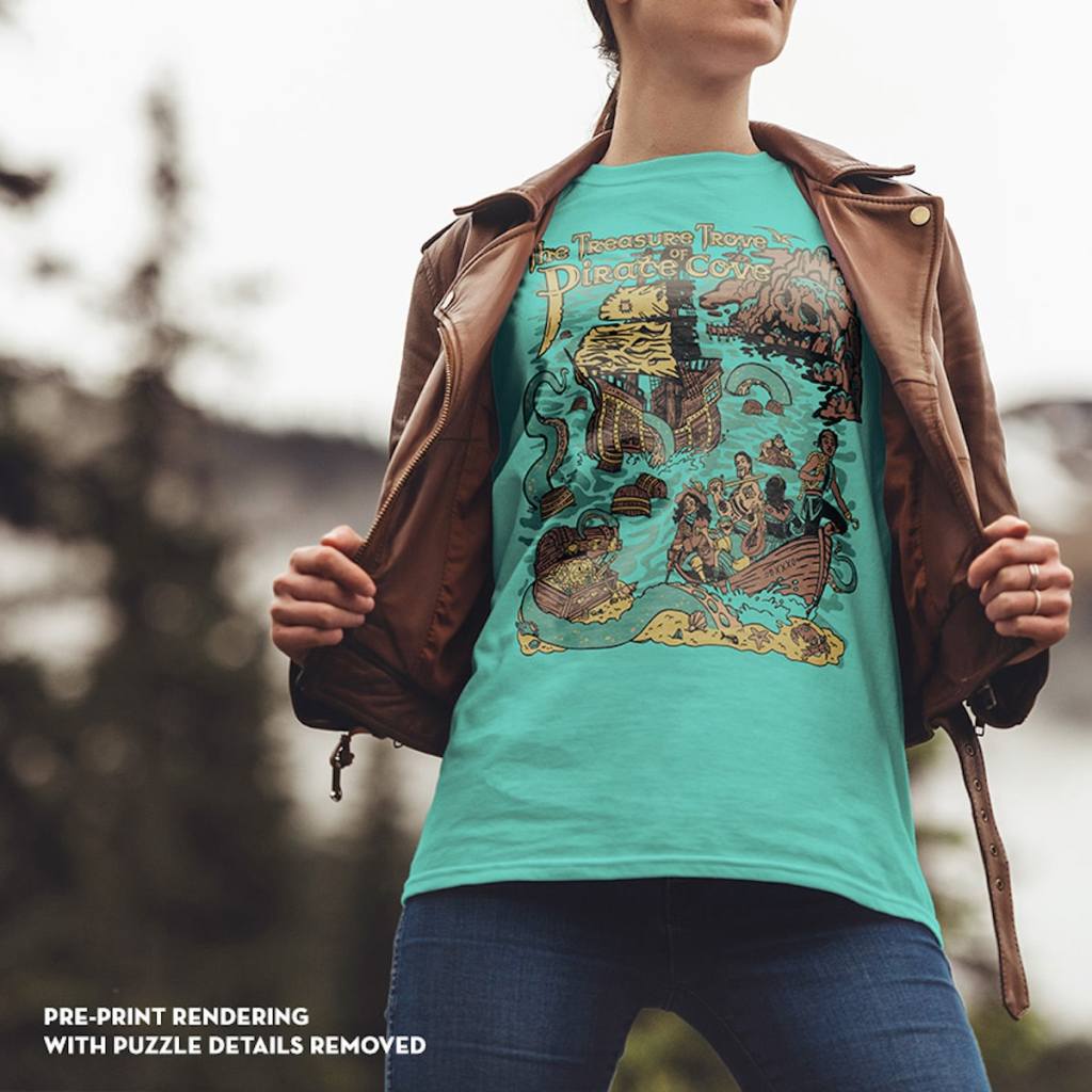 A woman in a brown leather coat opening it up and revealing the Pirate Cove t-shirt.