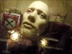 A strange still life with a face that has eyes of different colors.