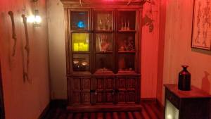 A cabinet lit red and filled with strange occult objects.