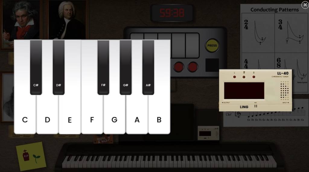 A portion of a keyboard with the notes labeled.