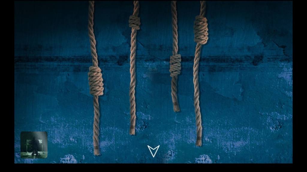 A set of 4 ropes with different numbers of knots hanging in a point & click interface.