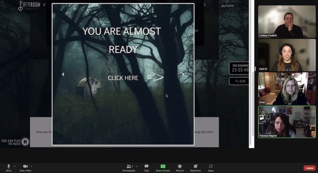 Game streamed over zoom, a website shows a creepy forest at night, text reads, "You are almost ready click here."