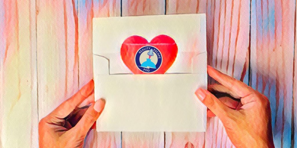 Hands opening an envelop and finding a card with a heart and the REPOD logo in the middle.