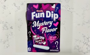 Box of Mystery Flavor Fun Dip, covered in purple and pink hearts.