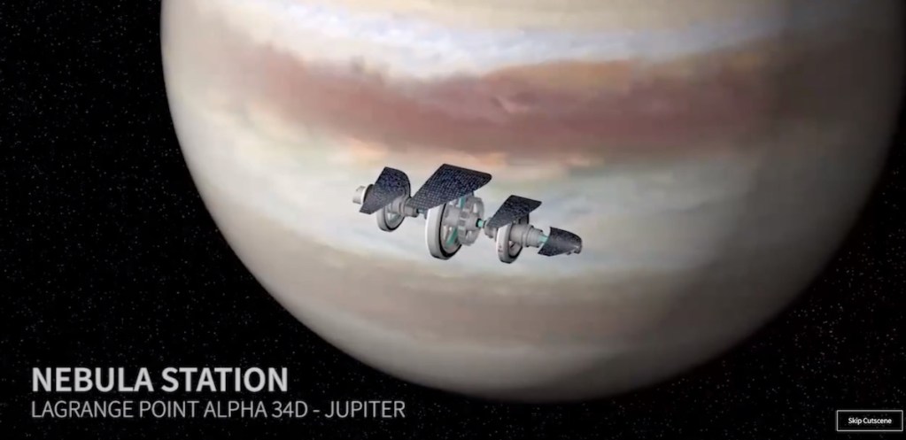 3D rendering of Nebula Station orbiting Jupiter.