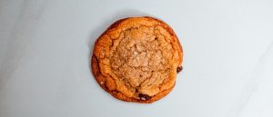 Overhead view of a chocolate chip cookie