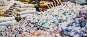 A large volume of Turkish delight on display in a market.