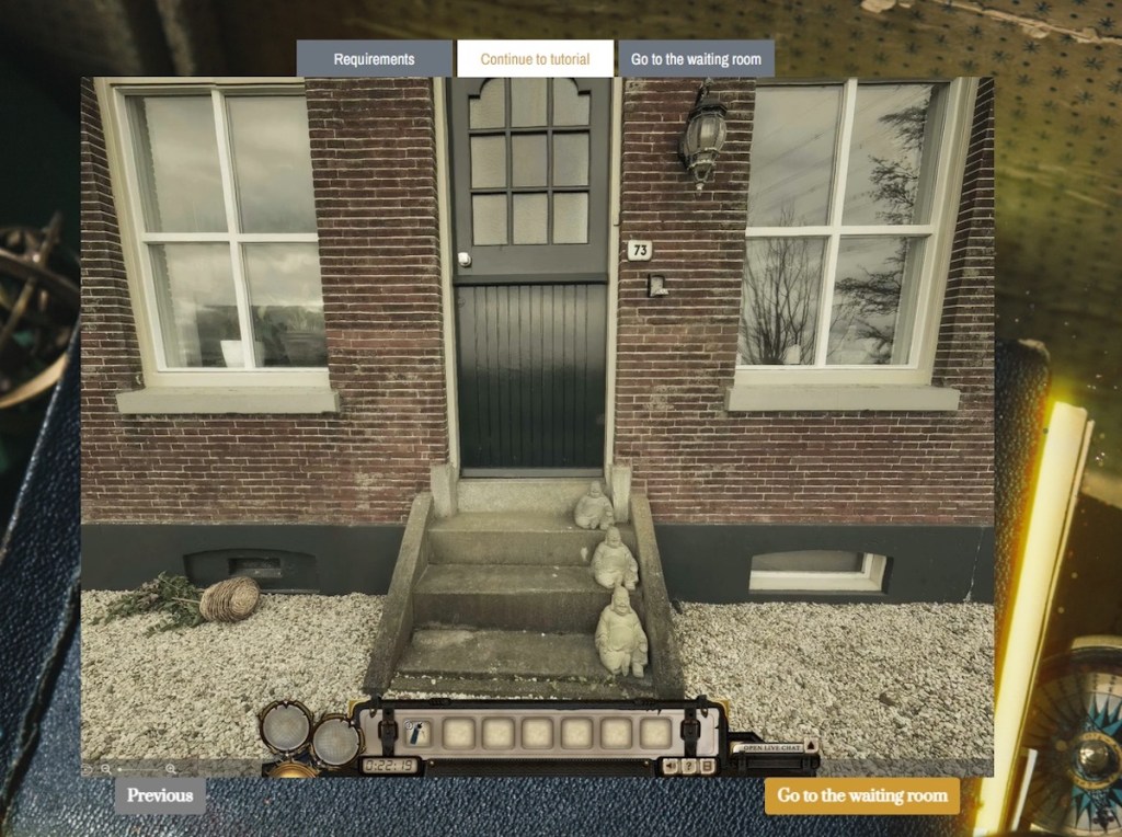 A digital interface with an inventory at the bottom of the screen. In the main view is the front of an old brick home, number 73."