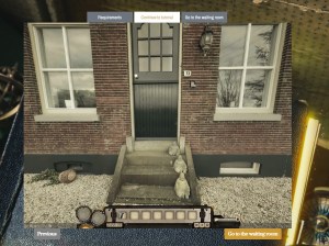 A digital interface with an inventory at the bottom of the screen. In the main view is the front of an old brick home, number 73."