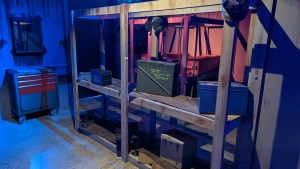 Storage shelves with crates on them.