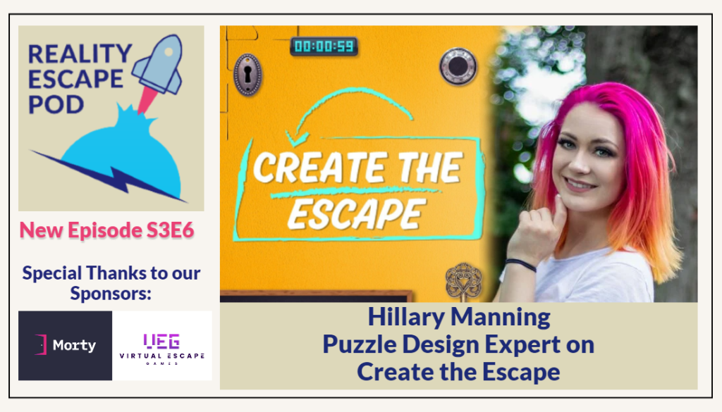 young woman with bright pink hair and orange tips in a white t shirt next to a logo that says Create the Escape on an orange background.