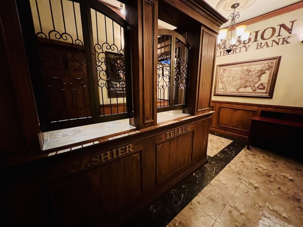 An old bank tell's counter in Mission Liberty Bank.