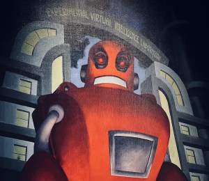 Painting of a large, red, evil robot.