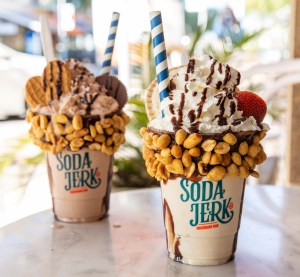 2 Soda Jerk milk shakes with very elaborate toppings.