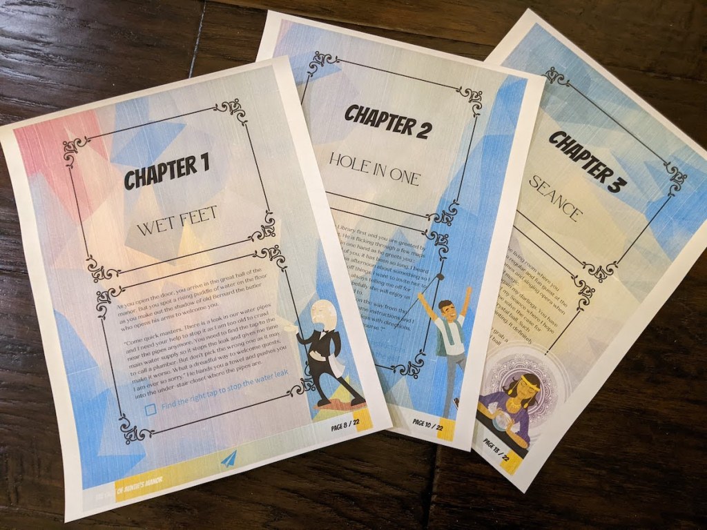 Chapter 1, 2, and 3 booklets printed in color, each with an illustrated character.