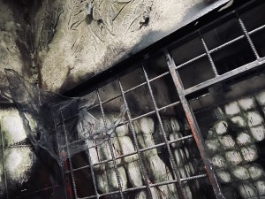 A damaged and beat up facility with tiled walls, barred passages, and cobwebs covered in soot.