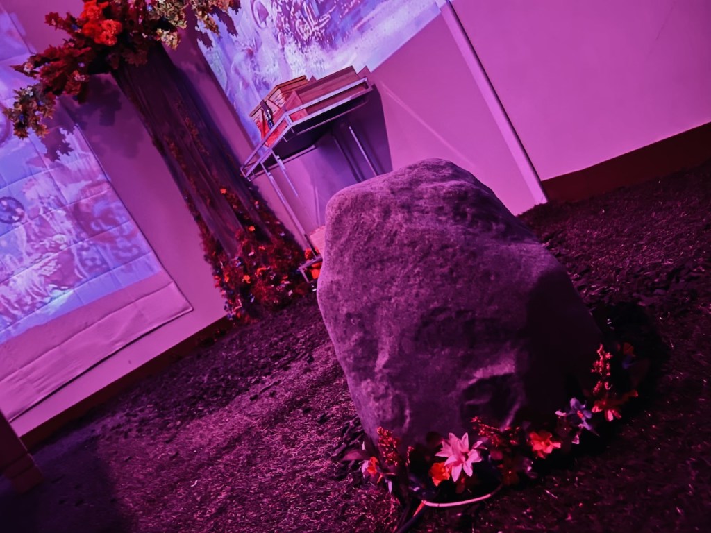 A rock on the floor with a tree off in the distance.