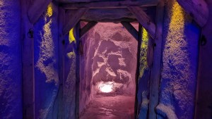 A corridor of sandstone supported with wooden framing. A light glows at the end.