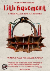 13th Basement Poster, features a torture device and the phrase "Wanna play an escape game?" The mouse print is filled with escape room jokes.