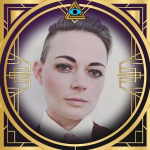 Caro's headshot framed in a golden art deco RECON frame.