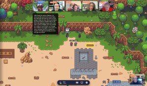 A beautiful 16 bit island environment rendered in Gather. The Hivemind team is on the island and can see on another in video chat.