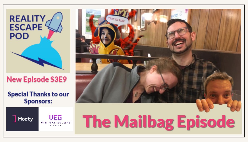 man and woman in glasses laughing in a dining booth, asian woman wearing a costume of the "this is fine" meme, and man peeking out with only the upper half of his face showing