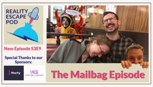 man and woman in glasses laughing in a dining booth, asian woman wearing a costume of the "this is fine" meme, and man peeking out with only the upper half of his face showing