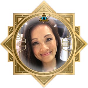 Peih-Gee's headshot framed in a golden art deco RECON frame.