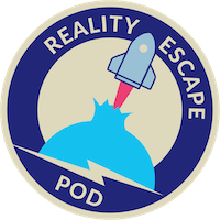 Reality Escape Pod mission patch logo depicts a spaceship puncturing through the walls of reality.