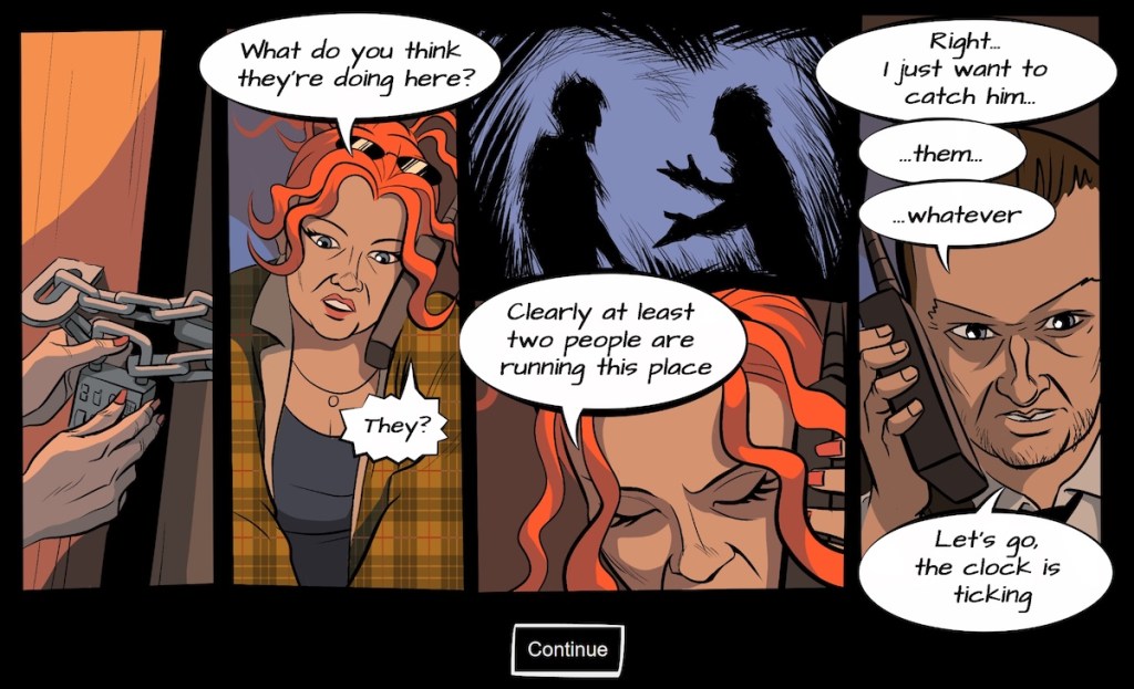 A comic of two people speaking, discussing the case at hand.