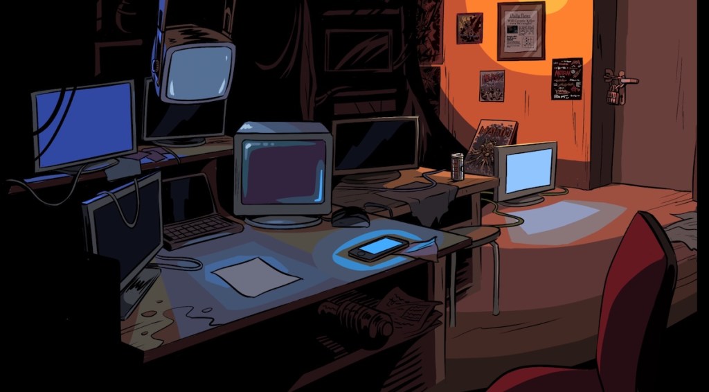 An illustration of a basement hacker's den with many monitors.
