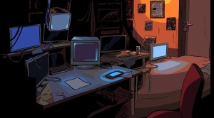 An illustration of a basement hacker's den with many monitors.