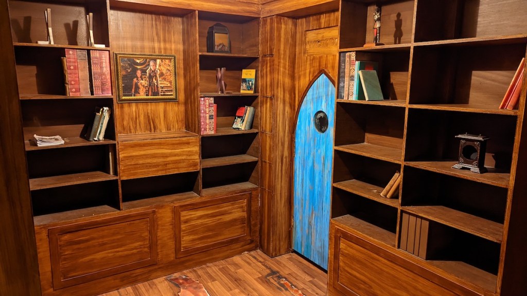 The inside of a wooden cabin.