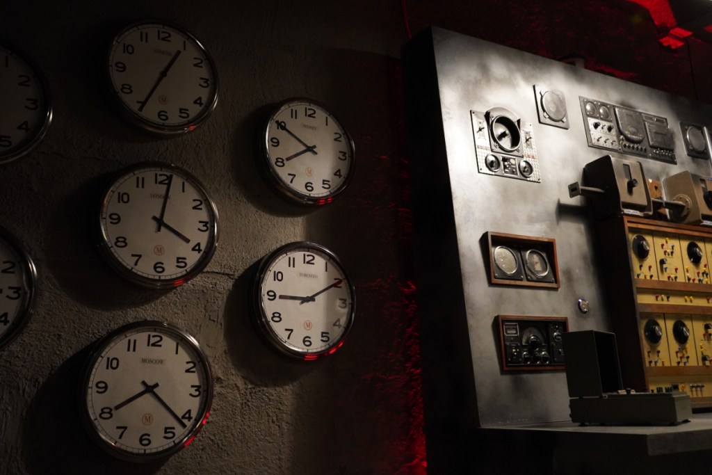 A wall of clocks and strange technology.