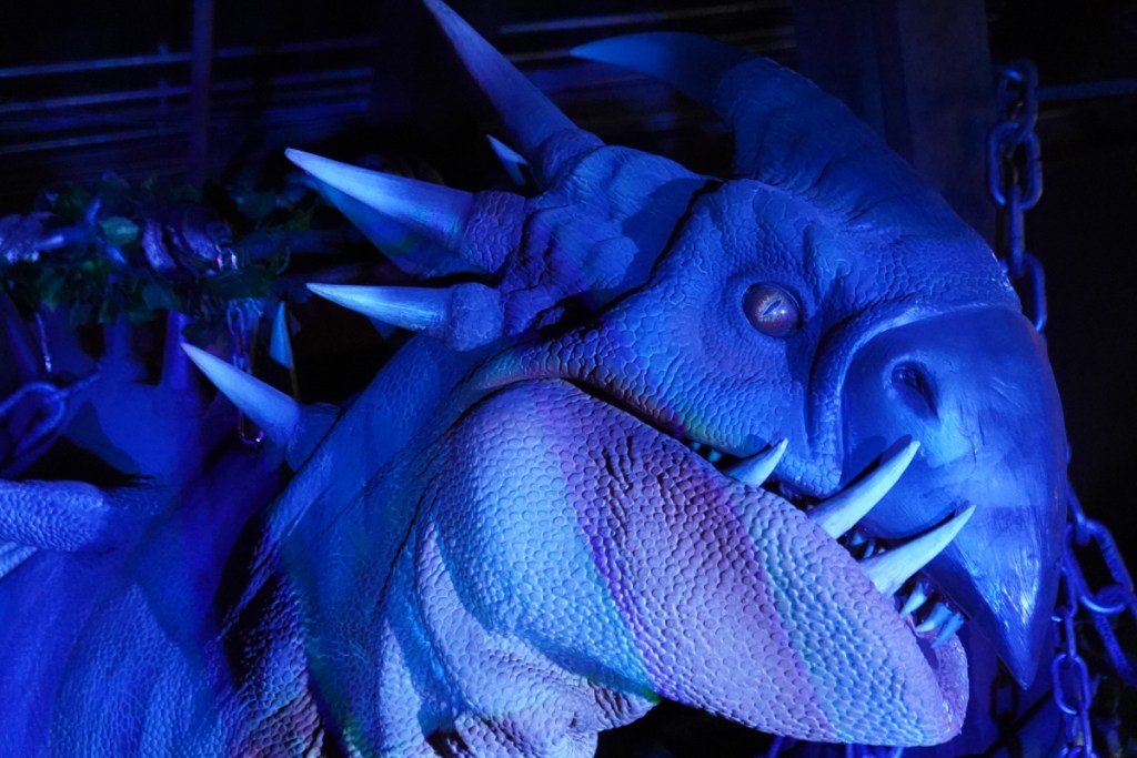 Closeup of a massive dragon's head.