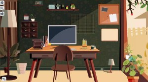 Illustration of an office desk with a computer, a stack of books, and many plants.