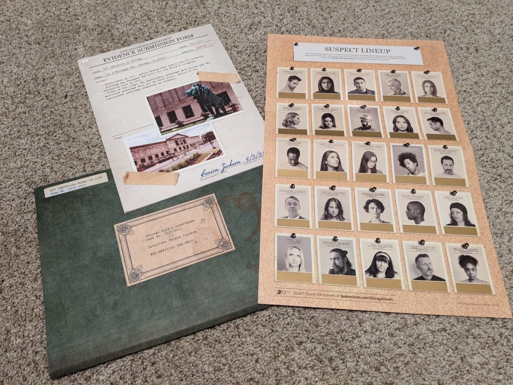 A suspect lineup beside a folder and a piece of evidence.