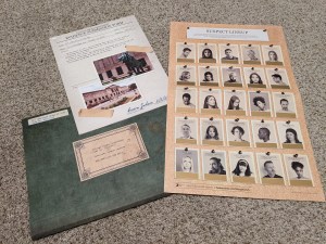 A suspect lineup beside a folder and a piece of evidence.