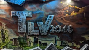 A painting of a post-apolyptic scene, with "TLV2048" in a dramatic font with a metal look.