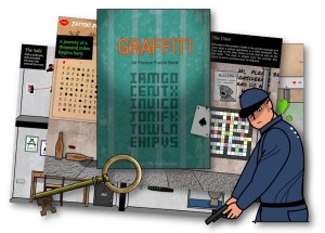 Sample illustrated pages of Graffiti, printed in color, with cartoon illustrations.