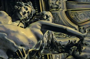 Sculpture of Apollo fated by Cupid's arrow, embracing Daphne