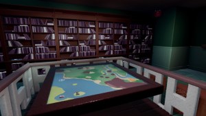A library with a large map on a table.