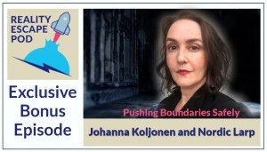 Brunette woman with an enigmatic smile against background of dark hallway, titled Pushing Boundaries Safely, Johanna Koljonen and Nordic Larp