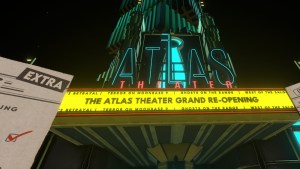 An imposing, neon-lit building named The Atlas Theater rendered in VR.