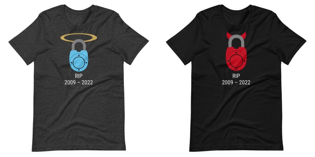 Blue Directional Lock shirt with a halo beside a red Directional Lock shirt with horns.