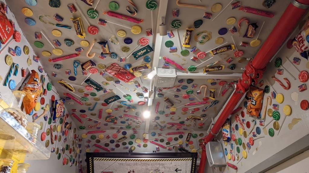 A ceiling covered in candies.