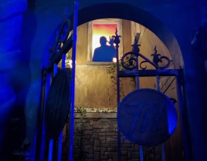 Gerald's silhouette in a window high up above the gated starting area of the game.