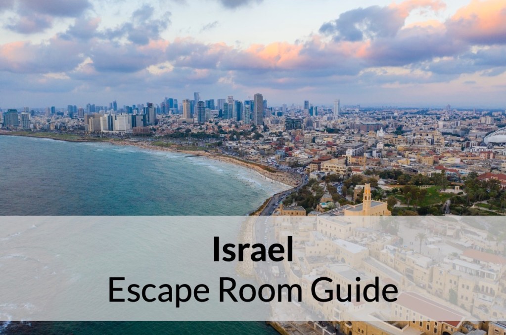 Reads: "Israel Escape Room Guide." Depicts the Tel Aviv coastline.