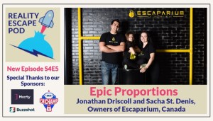 banner image with tall man with short brown hair, middle is a school aged child with long hair sitting crosslegged on a steel barrel, on the right is a smiling brunette woman with long hair. They are wearing matching black tshirts. behind them is a brick wall and yellow pipes. Titled:REPOD S4E5 - Epic Proportions: Jonathan Driscoll and Sacha St. Denis, owners of Escaparium, Canada