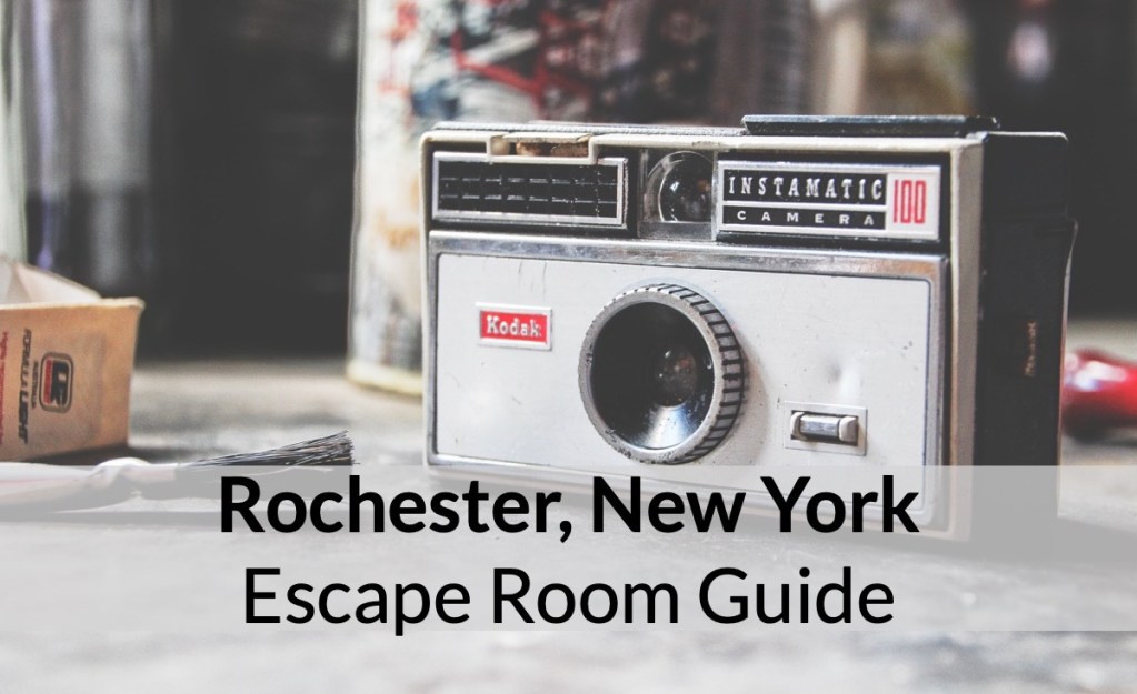 Reads: "Rochester, New York Escape Room Guide." Depicts a Kodak Instamatic 100 Camera.